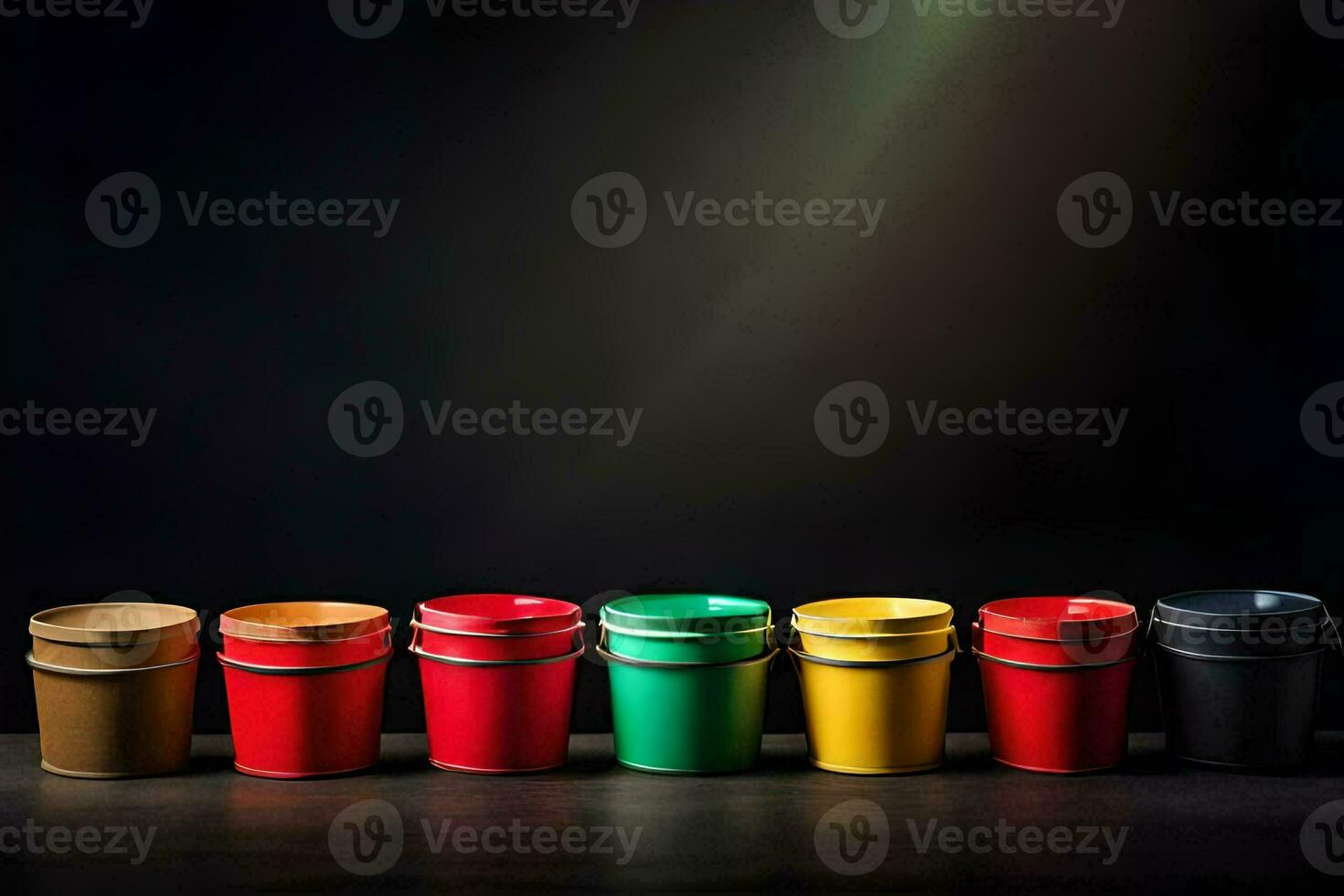 een rij van kleurrijk plastic cups Aan een zwart achtergrond. ai-gegenereerd foto