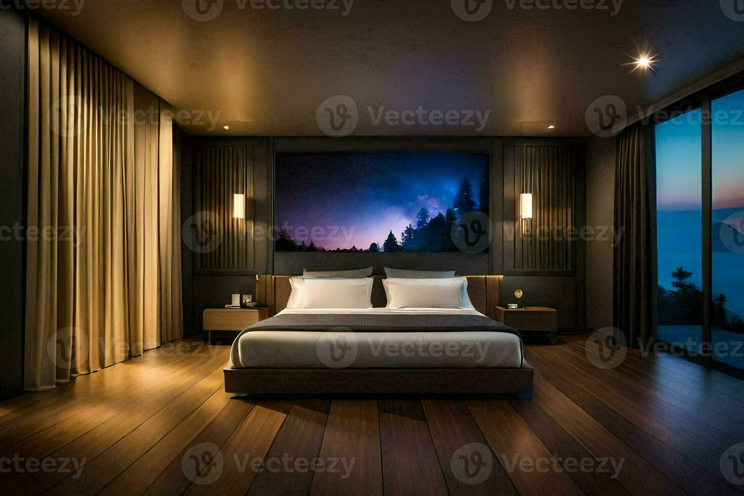 een modern slaapkamer met een groot schilderij Aan de muur. ai-gegenereerd foto