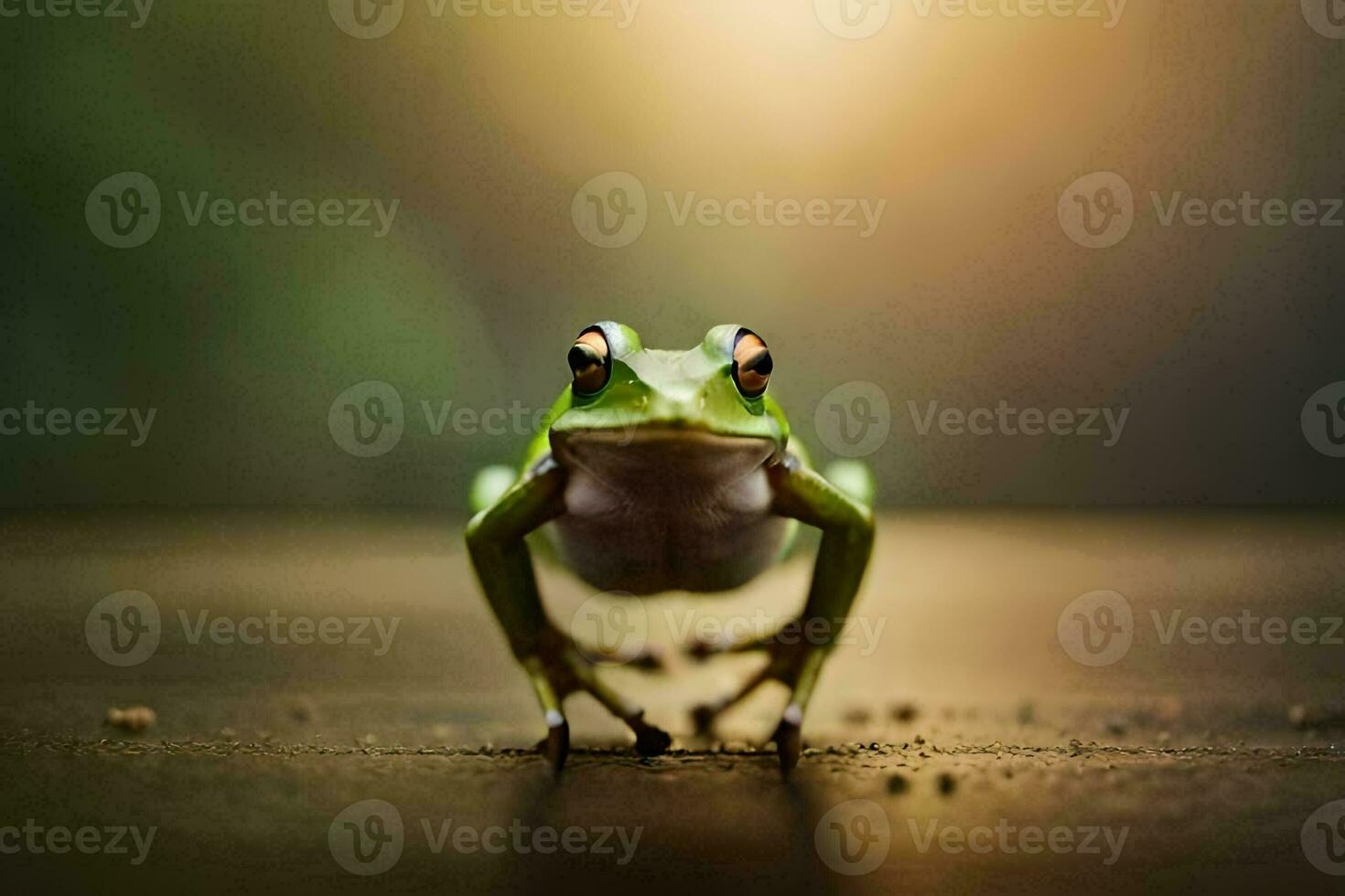 een kikker is staand Aan de grond met haar poten verspreiding. ai-gegenereerd foto