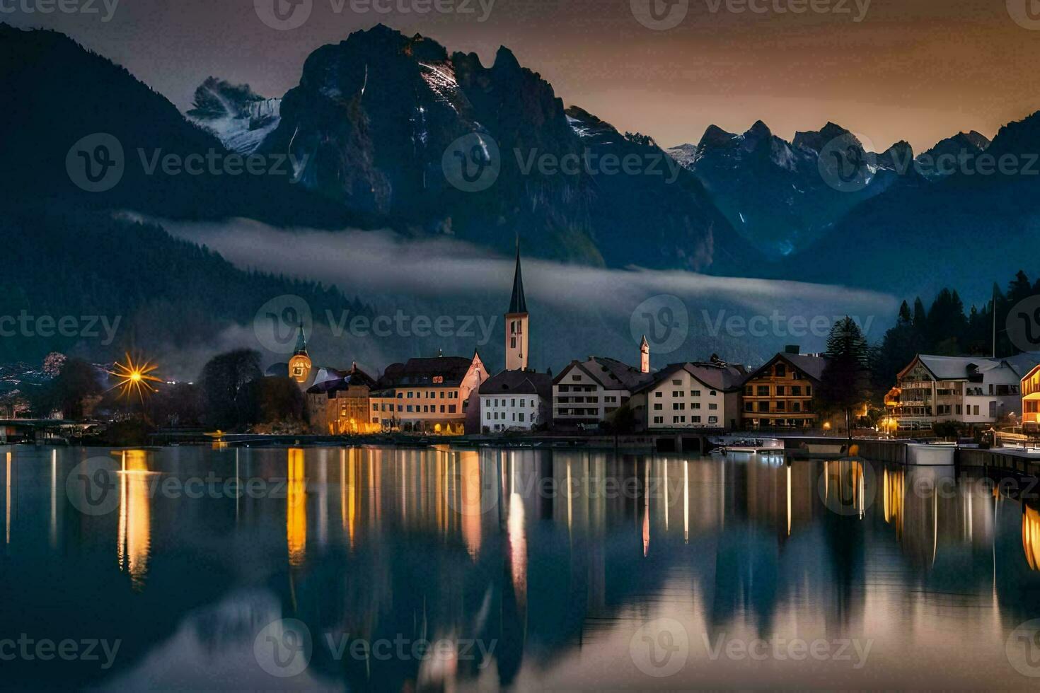 foto behang de lucht, bergen, meer, dorp, mist, mistig, mistig meer. ai-gegenereerd