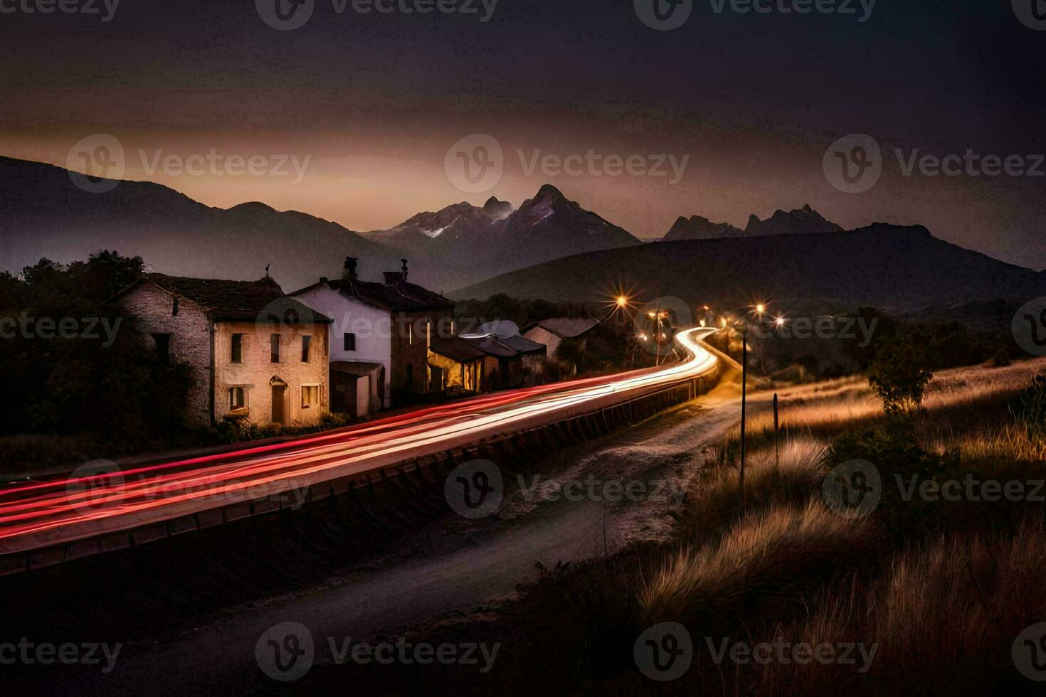 een lang blootstelling fotograaf van een weg en bergen Bij nacht. ai-gegenereerd foto