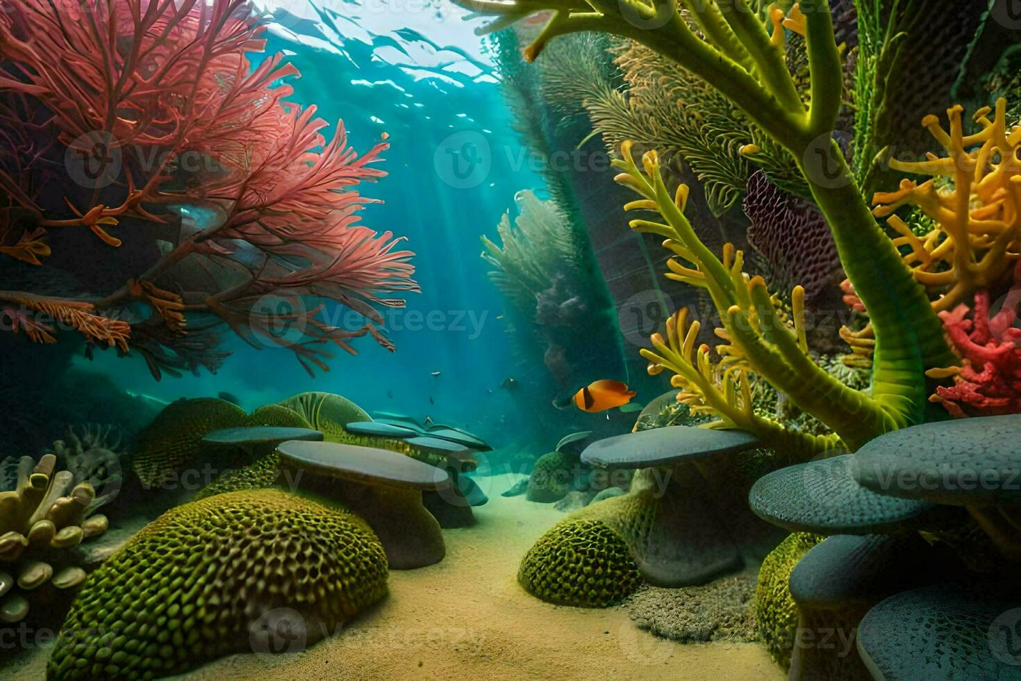 een kleurrijk onderwater- tafereel met koraal en anemonen. ai-gegenereerd foto