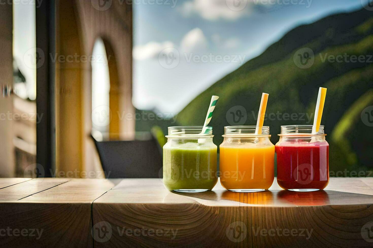 drie potten van sap zittend Aan een tafel met bergen in de achtergrond. ai-gegenereerd foto