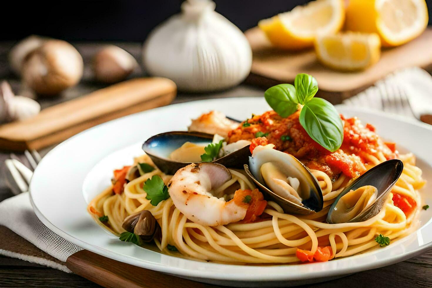 spaghetti met mosselen en mosselen. ai-gegenereerd foto