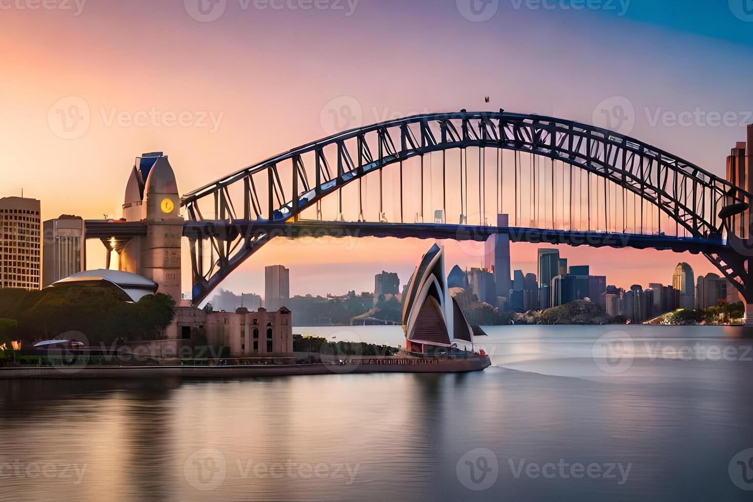 de Sydney haven brug Bij zonsondergang. ai-gegenereerd foto