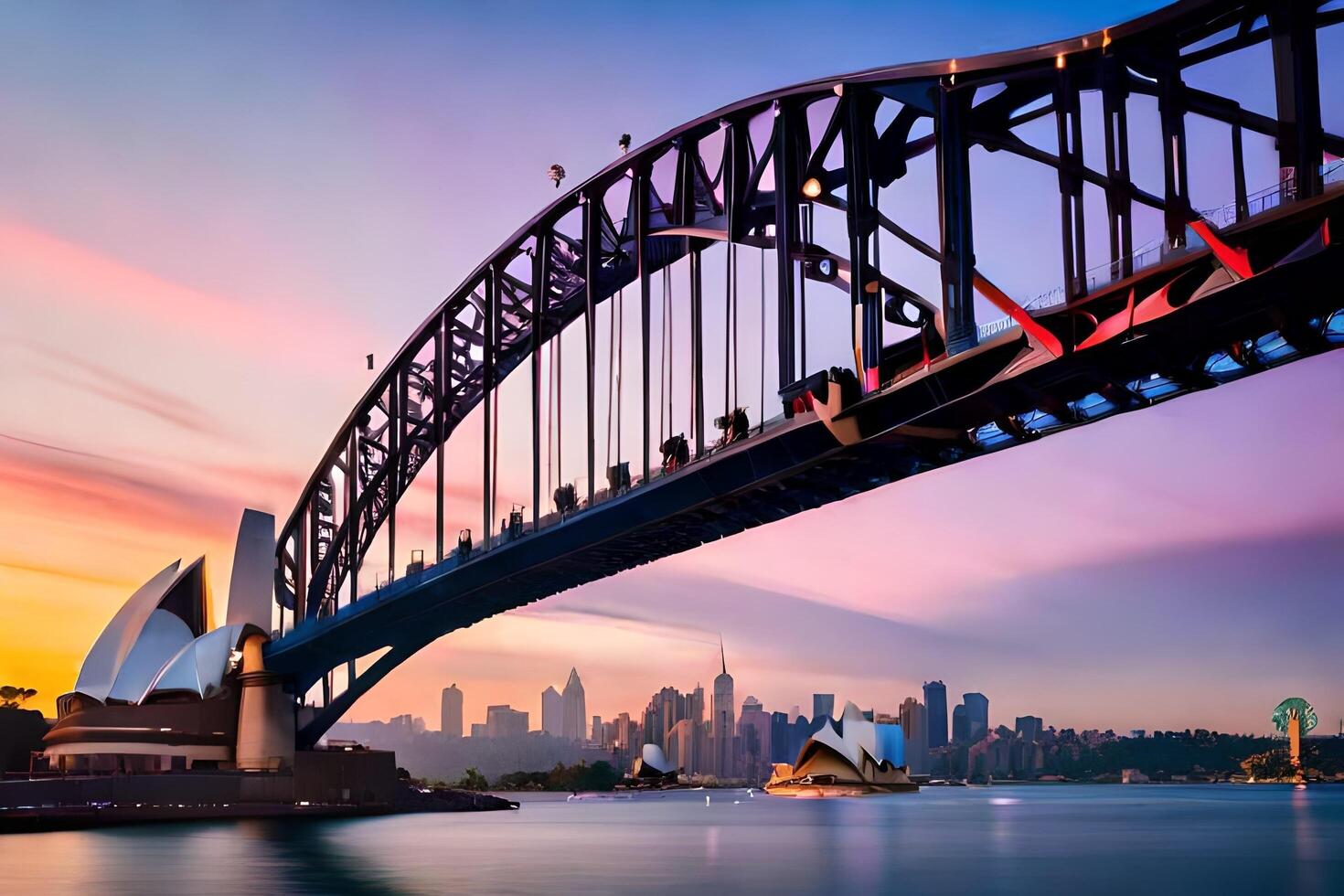 de Sydney haven brug Bij zonsondergang. ai-gegenereerd foto