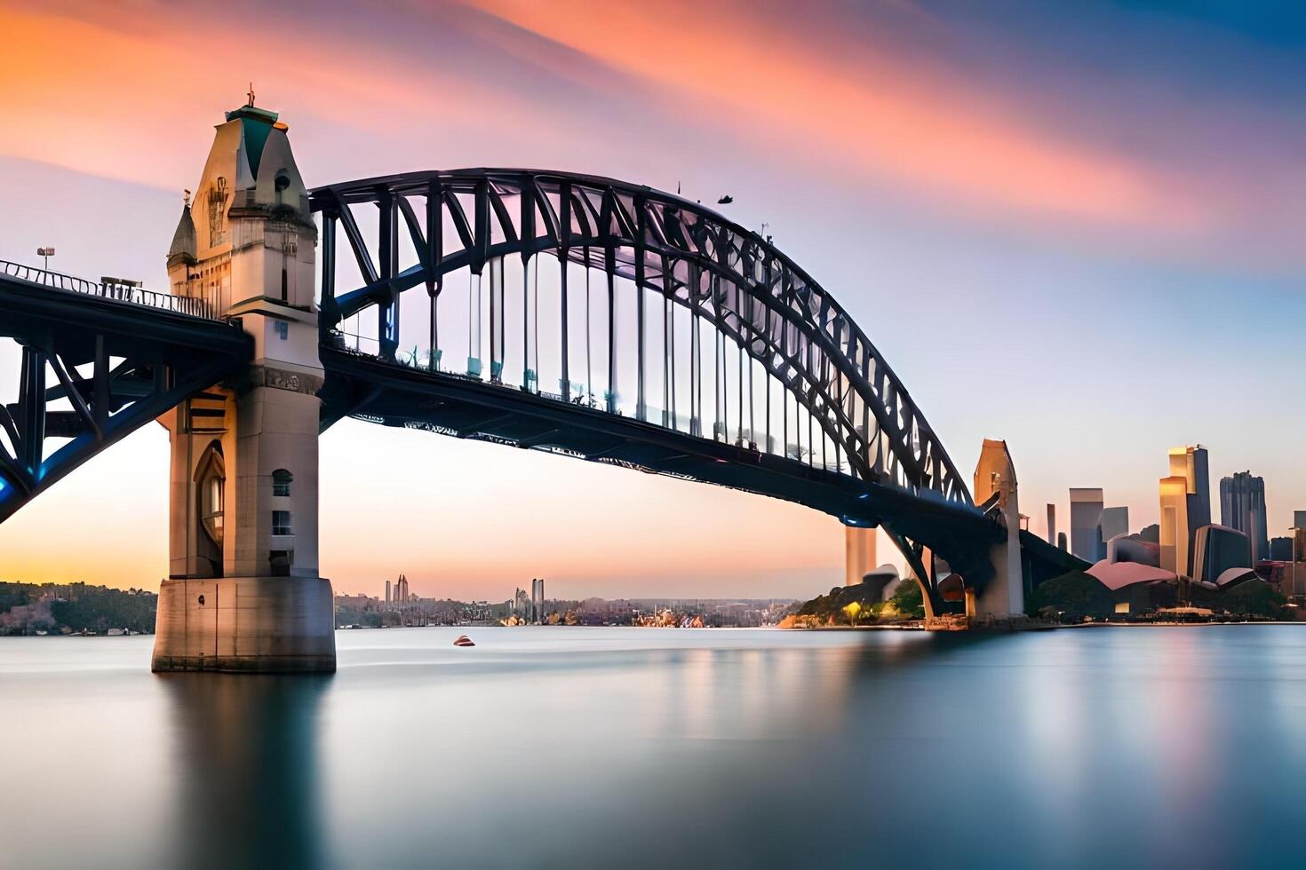 de Sydney haven brug Bij zonsondergang. ai-gegenereerd foto