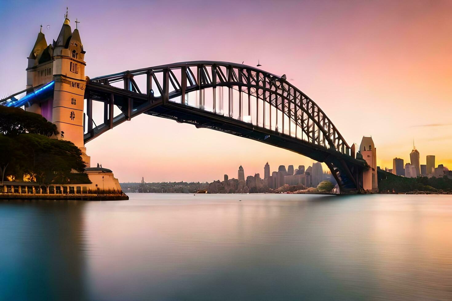 de Sydney haven brug Bij zonsondergang. ai-gegenereerd foto