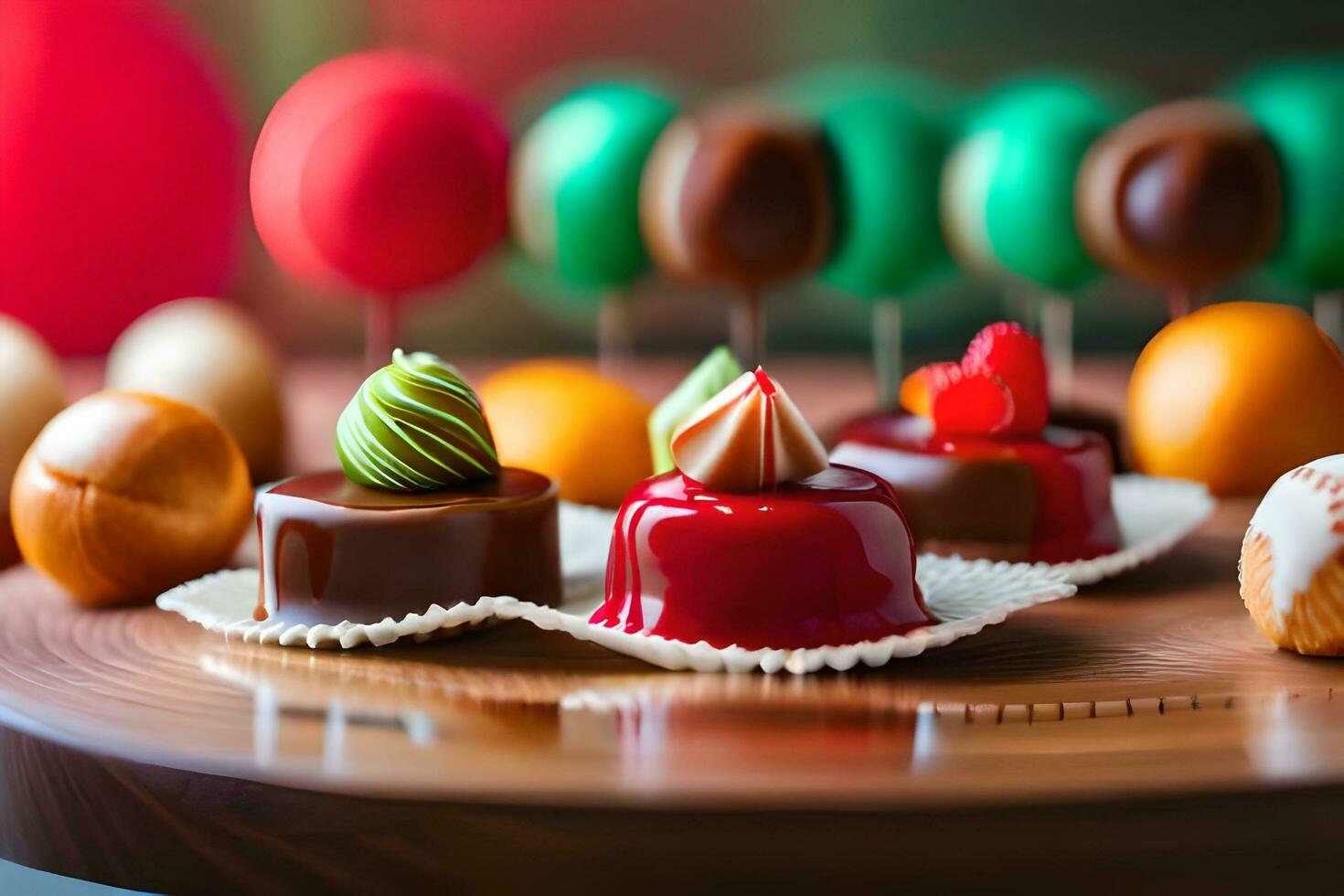 een verscheidenheid van chocolaatjes zijn weergegeven Aan een houten dienblad. ai-gegenereerd foto