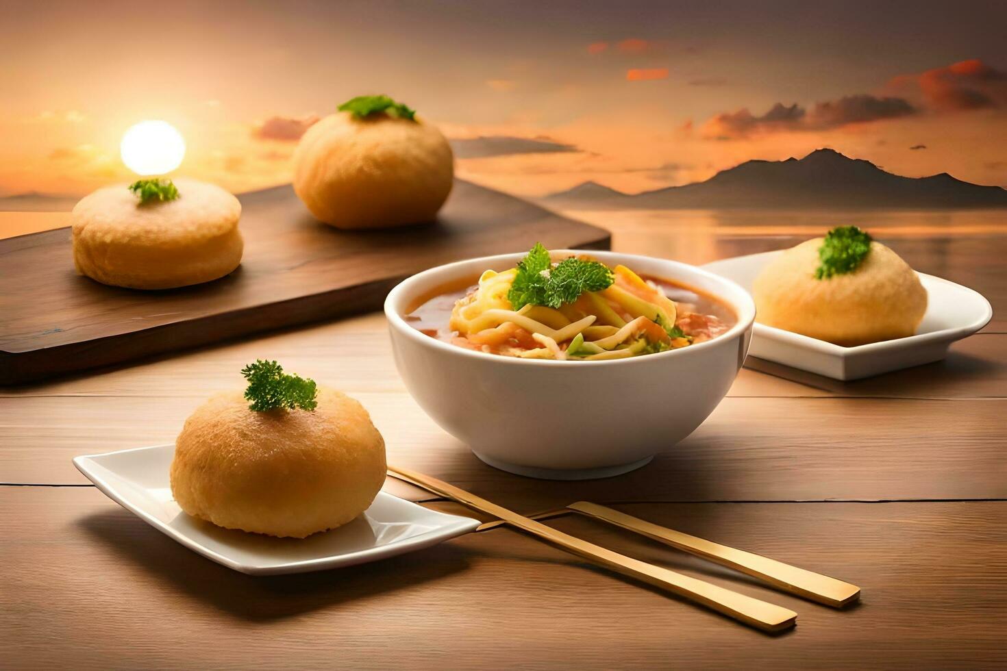 Chinese voedsel met eetstokjes en kommen Aan een tafel. ai-gegenereerd foto