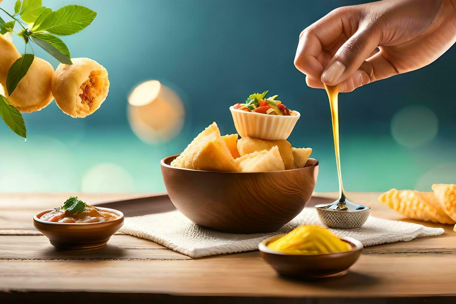 hand- dompelen chips in saus Aan houten tafel. ai-gegenereerd foto