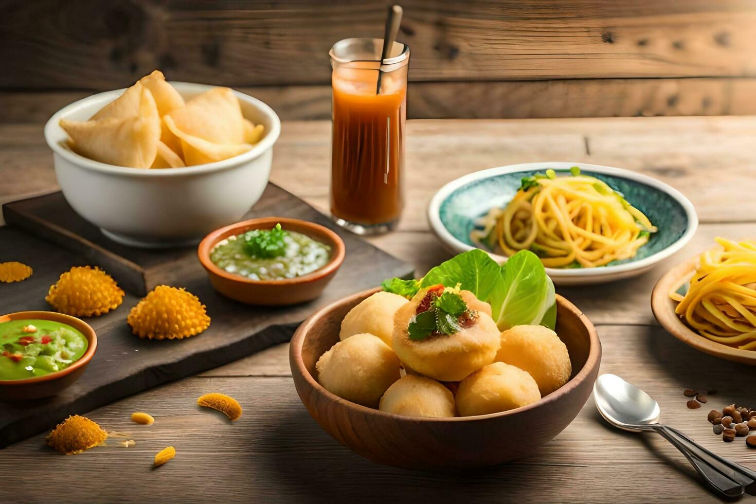 Indisch voedsel Aan houten tafel met kommen van voedsel. ai-gegenereerd foto