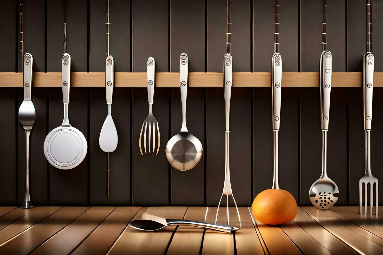 een reeks van keuken gereedschap hangende Aan een houten plank. ai-gegenereerd foto
