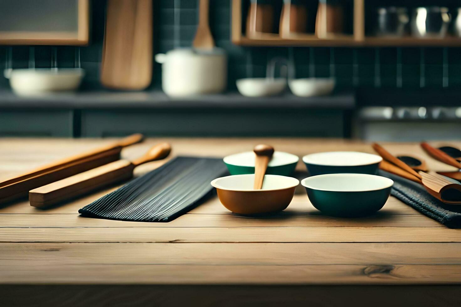 een houten tafel met kommen en lepels Aan het. ai-gegenereerd foto