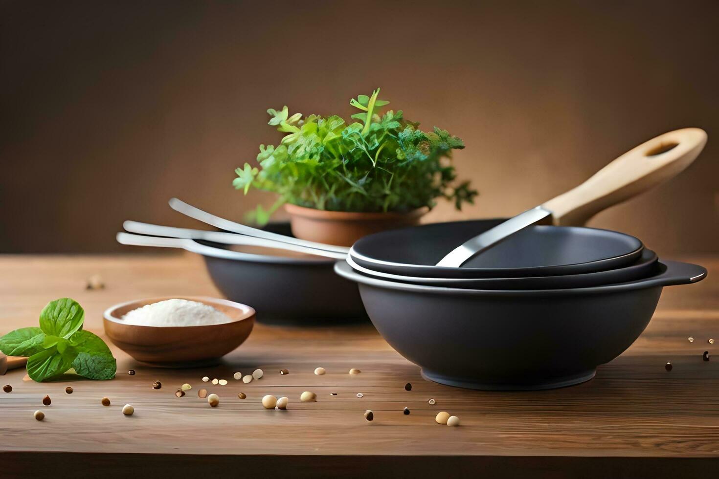 drie zwart kommen met lepels en kruiden Aan een houten tafel. ai-gegenereerd foto