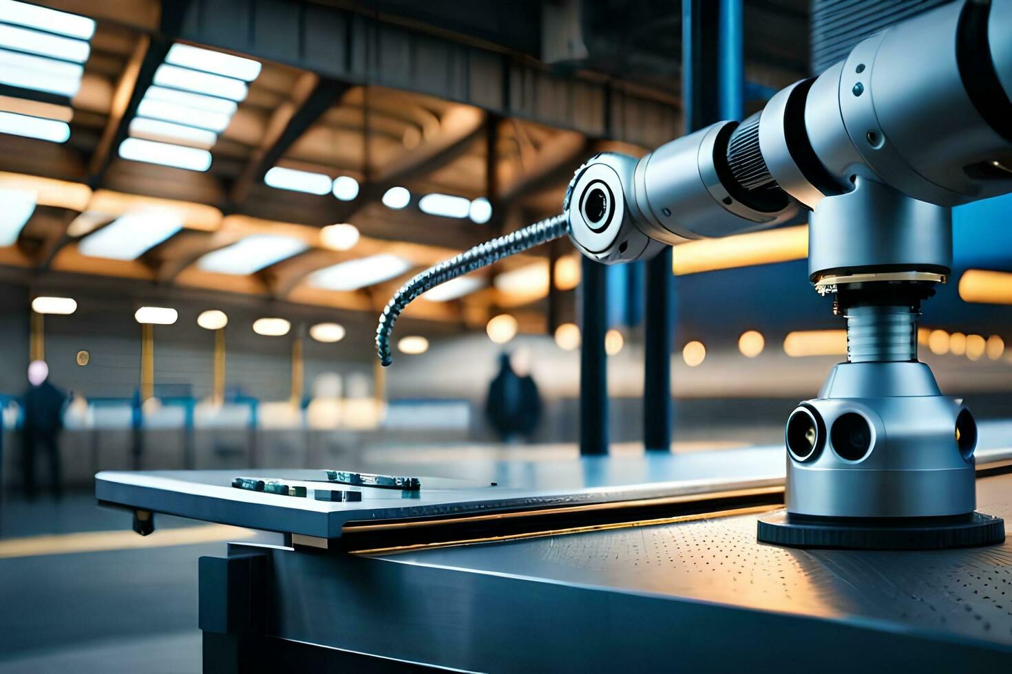 een robot arm is Aan een tafel in een fabriek. ai-gegenereerd foto