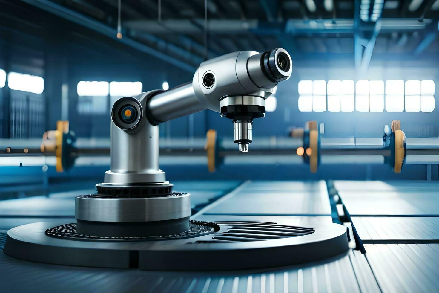 een robot arm is zittend Aan een tafel in een fabriek. ai-gegenereerd foto