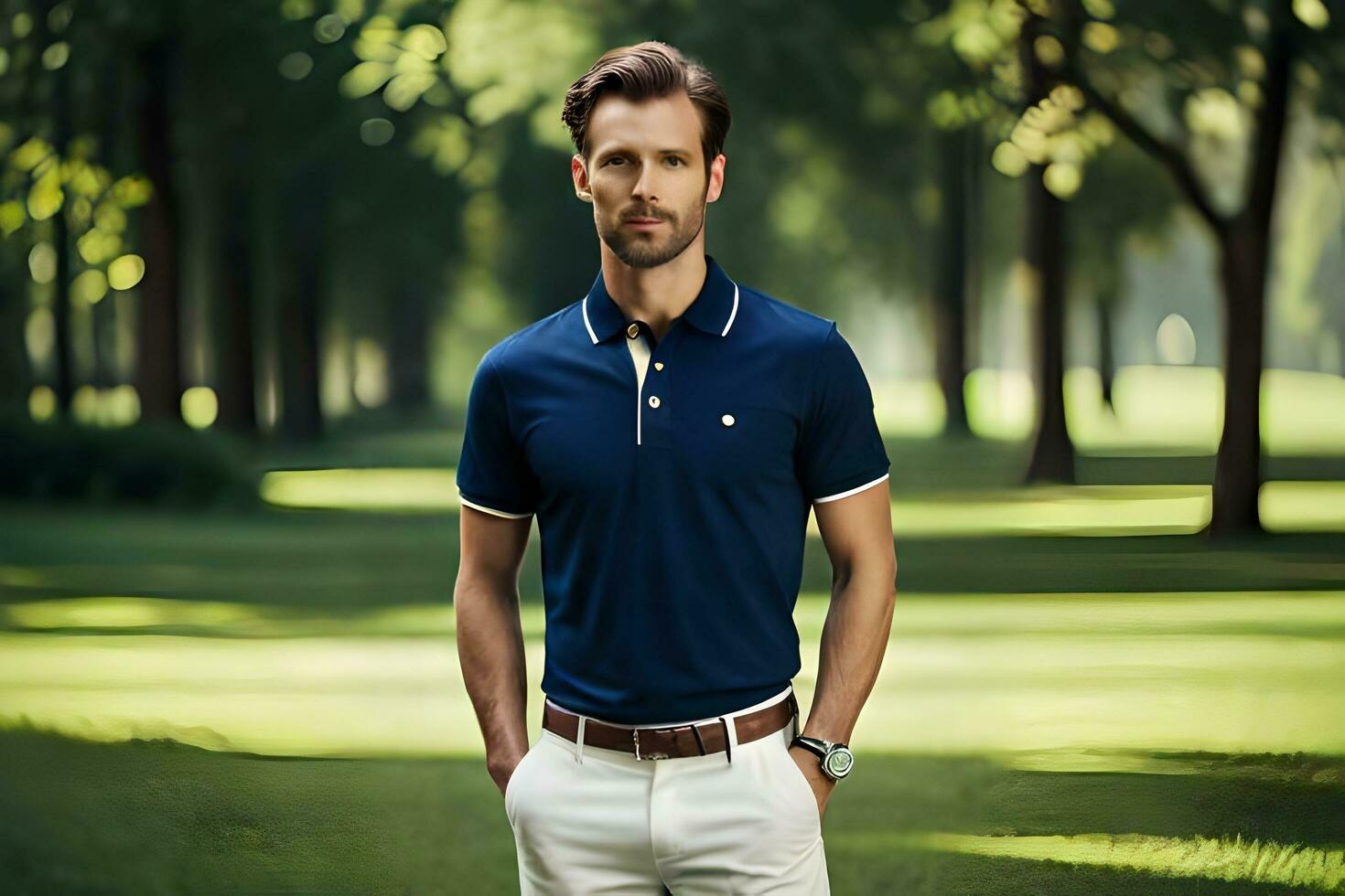 een Mens in een blauw polo overhemd en wit broek. ai-gegenereerd foto