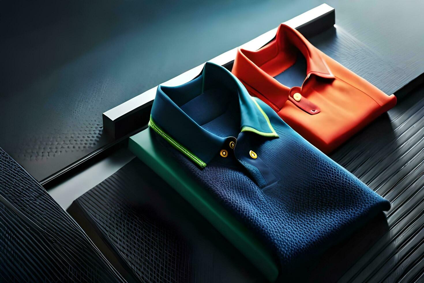 twee kleurrijk polo overhemden Aan een tafel. ai-gegenereerd foto