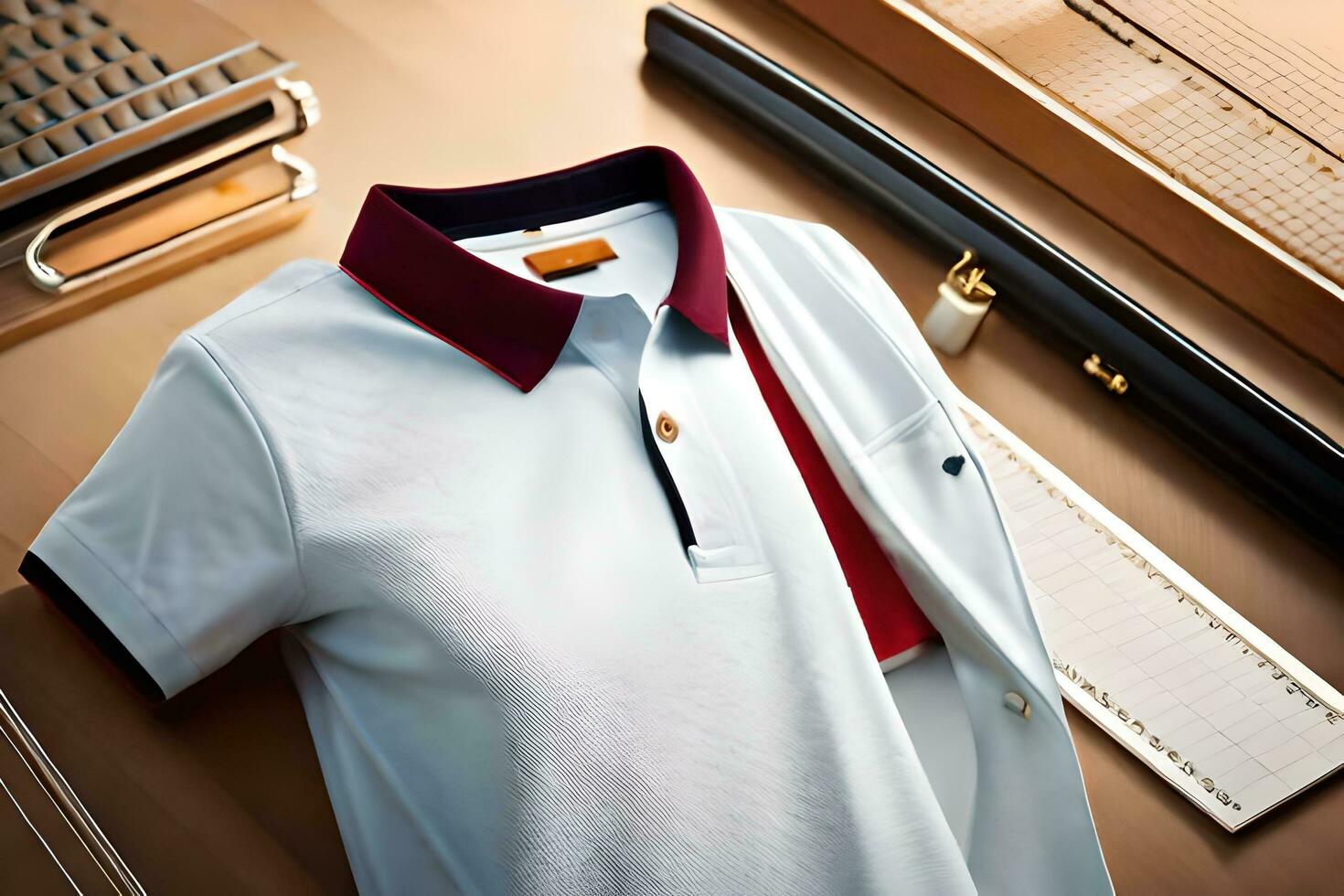een wit polo overhemd met rood trimmen en een zwart binden. ai-gegenereerd foto