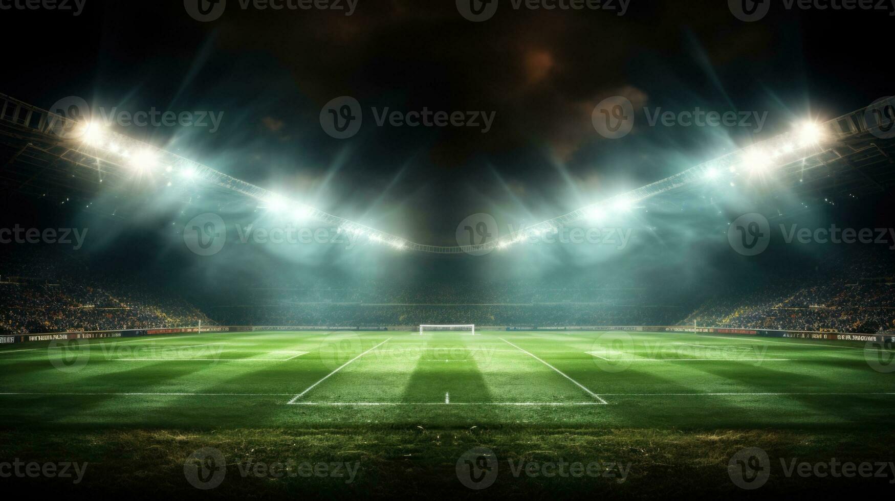 groen voetbal veld- helder schijnwerpers nacht visie generatief ai foto