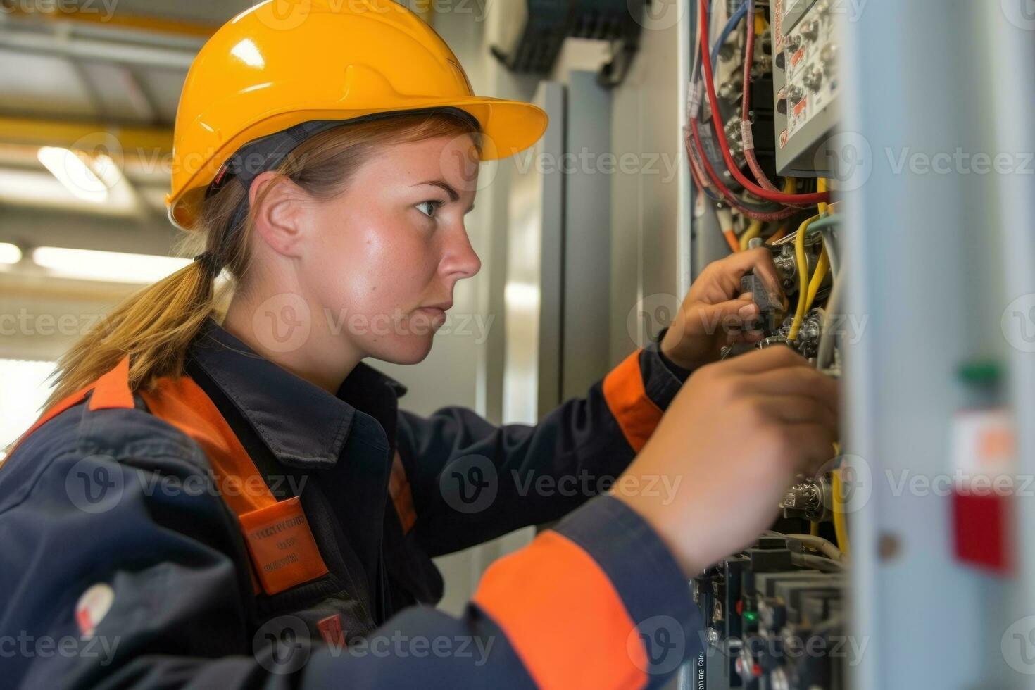 vrouw elektricien Bij werk Aan een lont doos, versierd in veiligheid versnelling. generatief ai foto