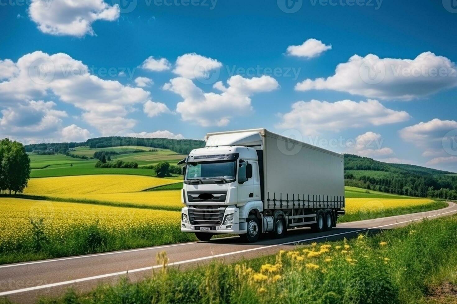 een vrachtauto is het rijden Aan de snelweg. Daar zijn groen bomen en gazons Aan de langs de weg. generatief ai foto