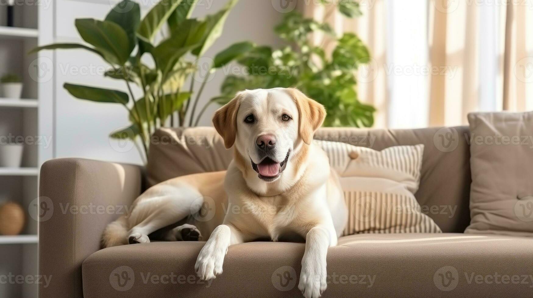 modern leven kamer interieur. schattig gouden labrador retriever Aan bank. generatief ai foto