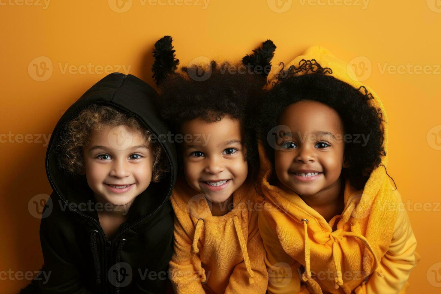 kinderen vieren halloween Aan geel achtergrond. generatief ai foto