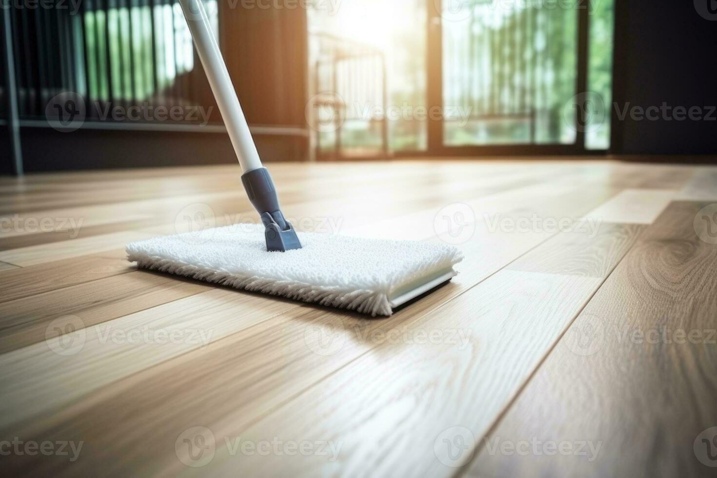 verdieping schoonmaak met bende en reiniger schuim. schoonmaak gereedschap Aan parket vloer. generatief ai foto