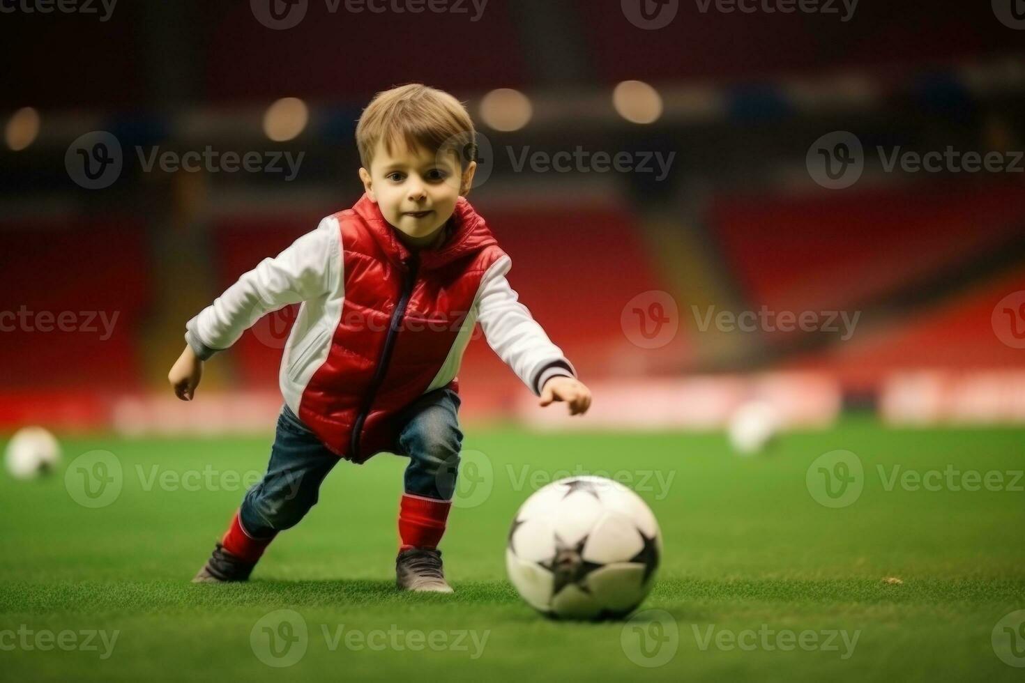 dribbelen klein jongen Toneelstukken Amerikaans voetbal in stadion. generatief ai foto