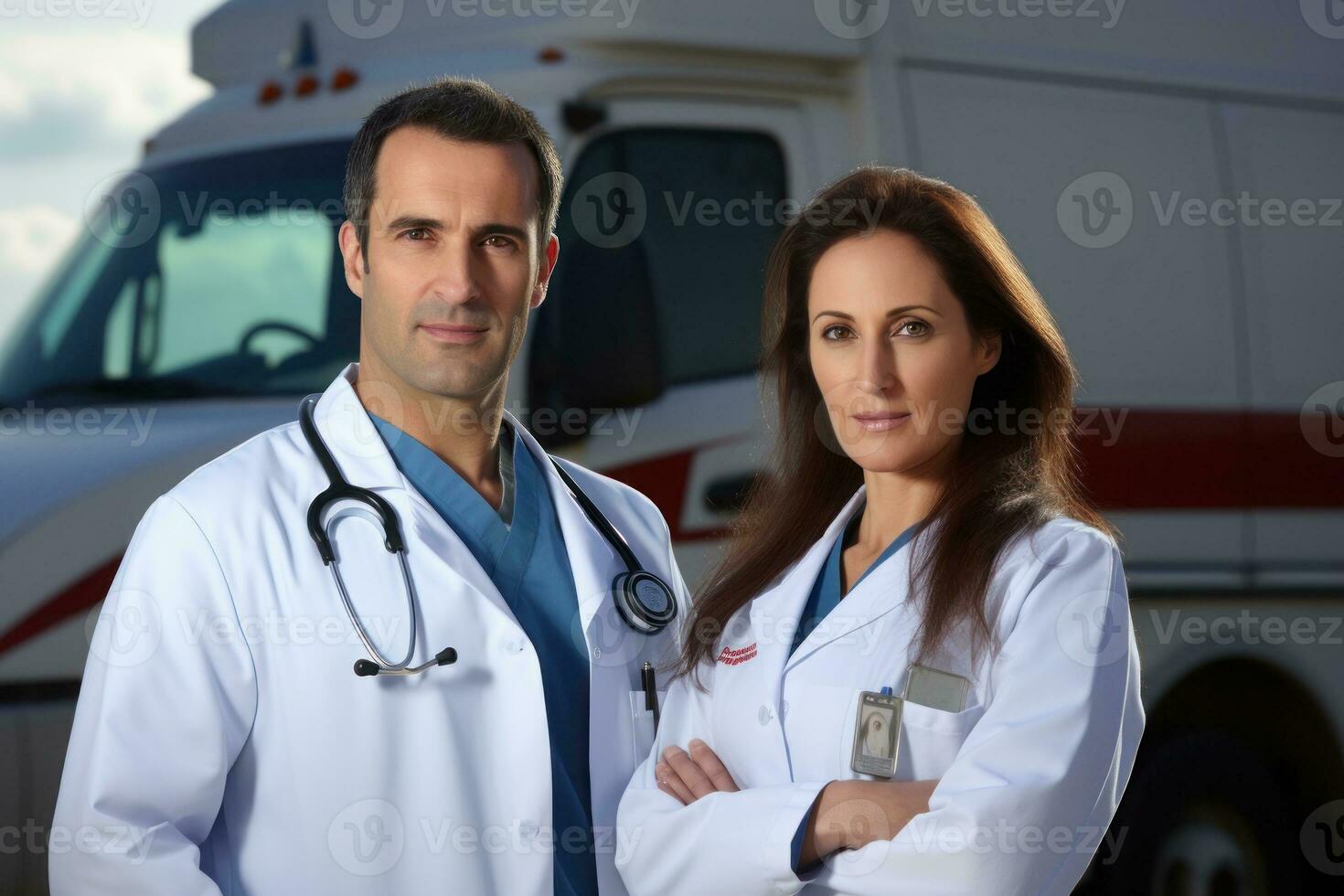 een team van artsen en verpleegsters staan in voorkant van een ambulance. generatief ai foto