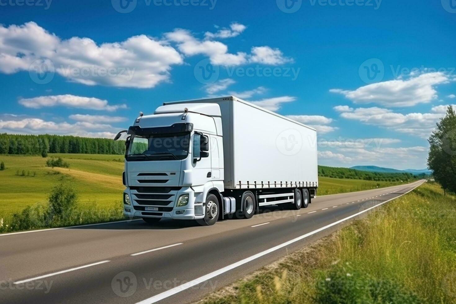 een vrachtauto is het rijden Aan de snelweg. Daar zijn groen bomen en gazons Aan de langs de weg. generatief ai foto