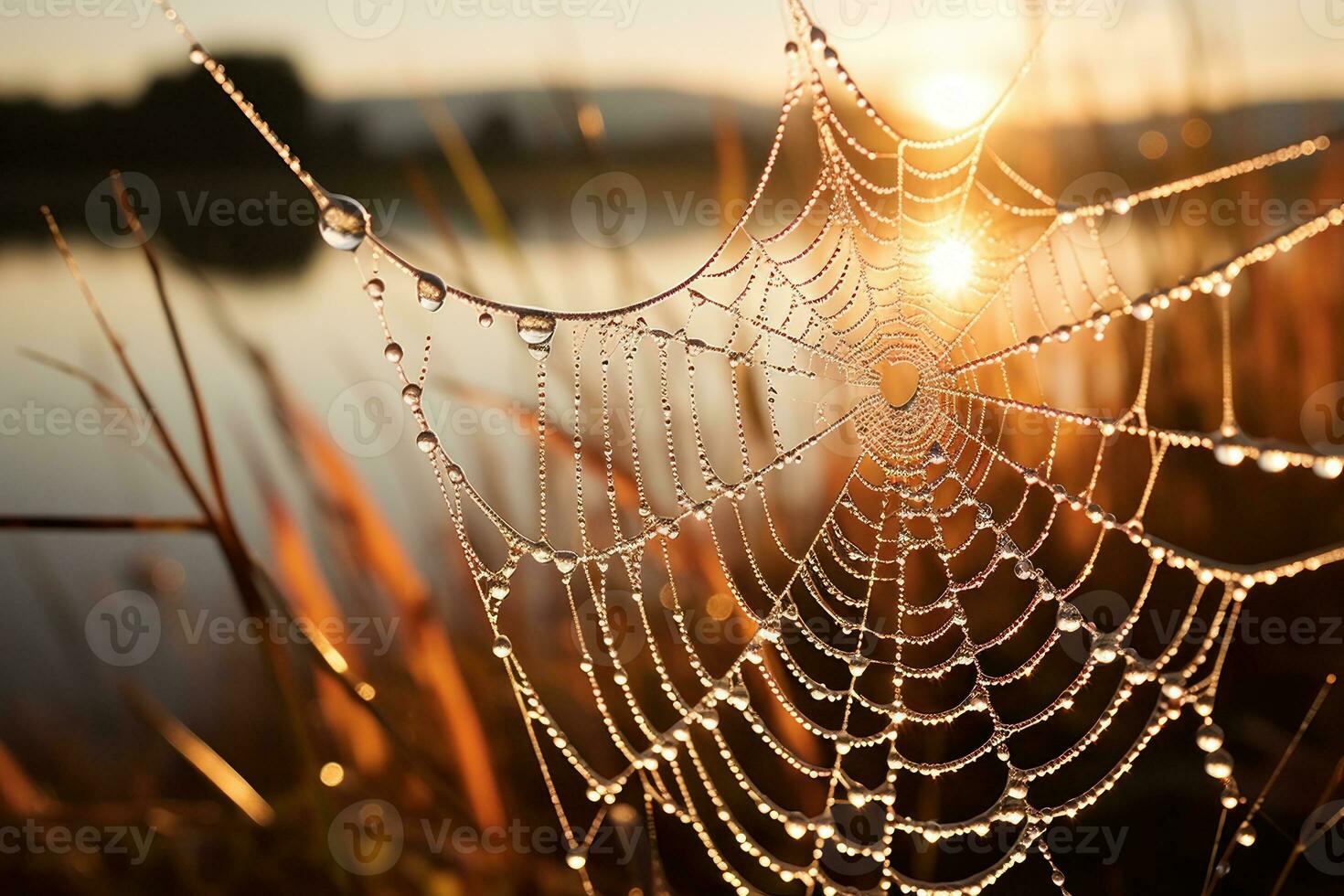 dichtbij omhoog zonsopkomst verlicht dauw druppels vastklampen naar een delicaat spin web. generatief ai foto