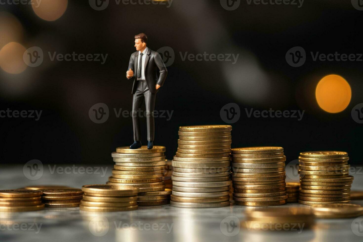 miniatuur bedrijf mensen staand Aan stapel van geld munt. generatief ai foto