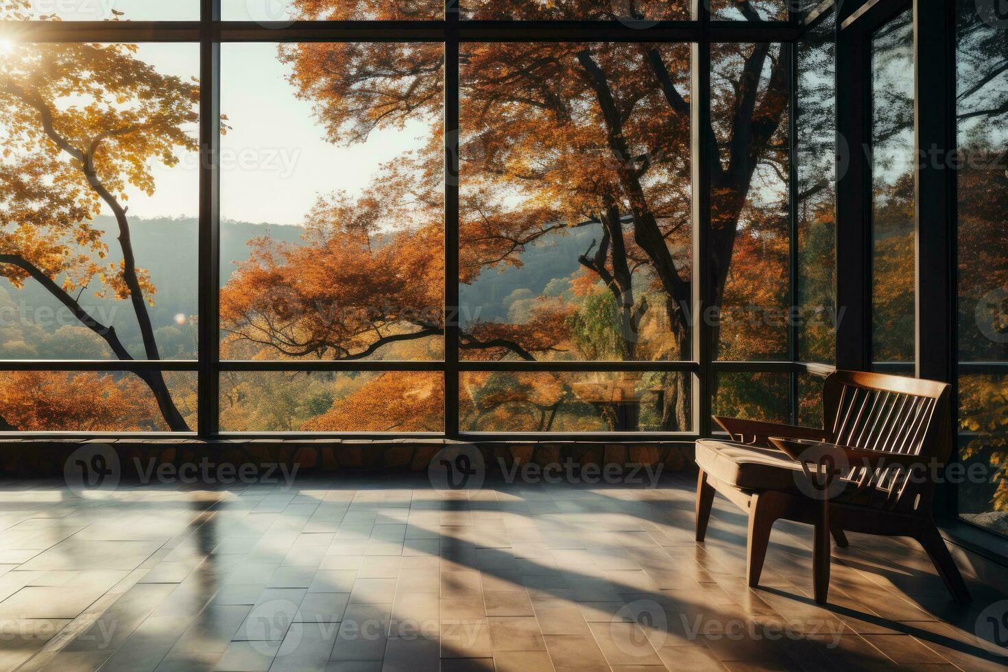 leven kamer binnen een Woud appartement, groot glas ramen foto