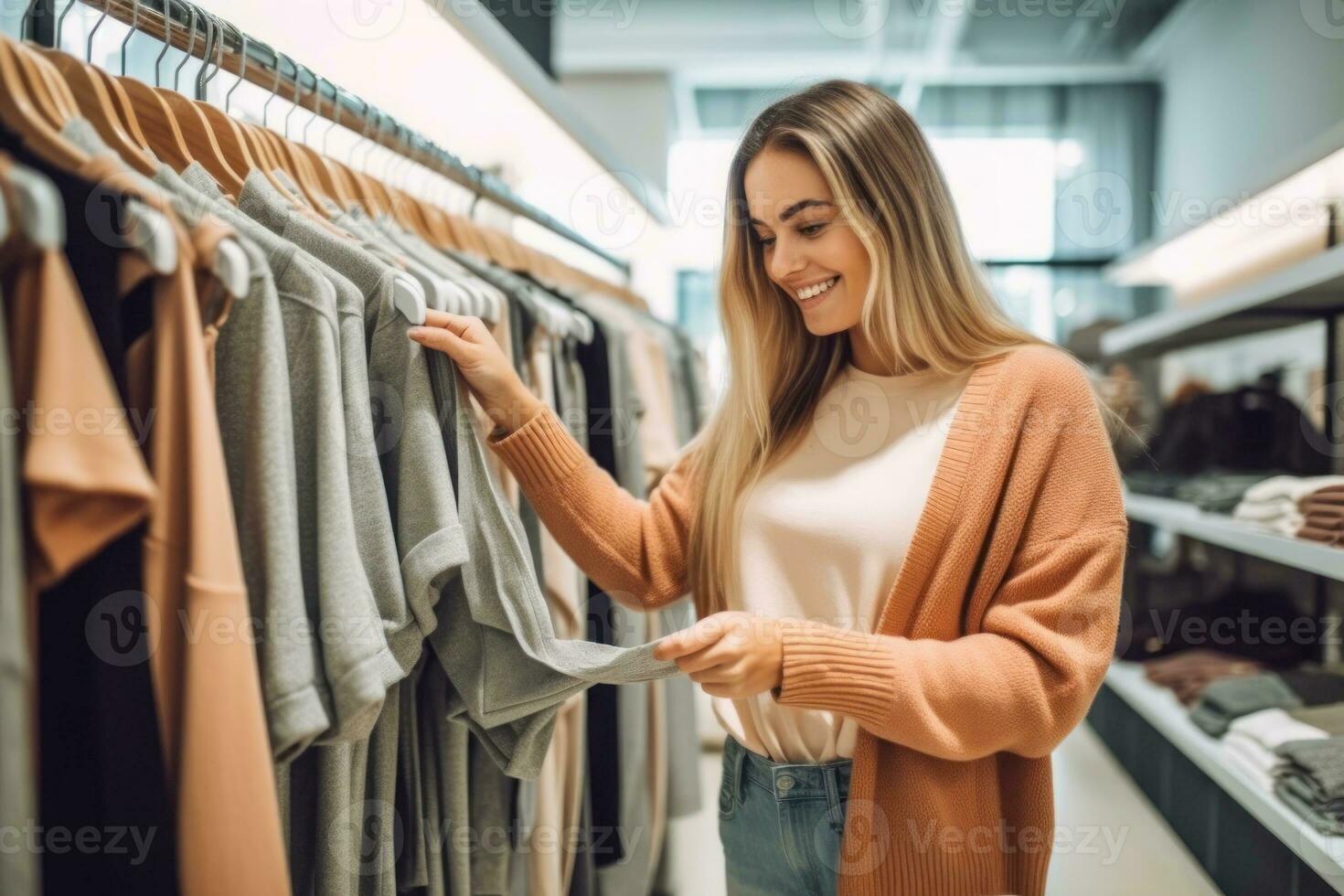 openhartig vrouw boodschappen doen voor kleren in een afdeling op te slaan. generatief ai foto