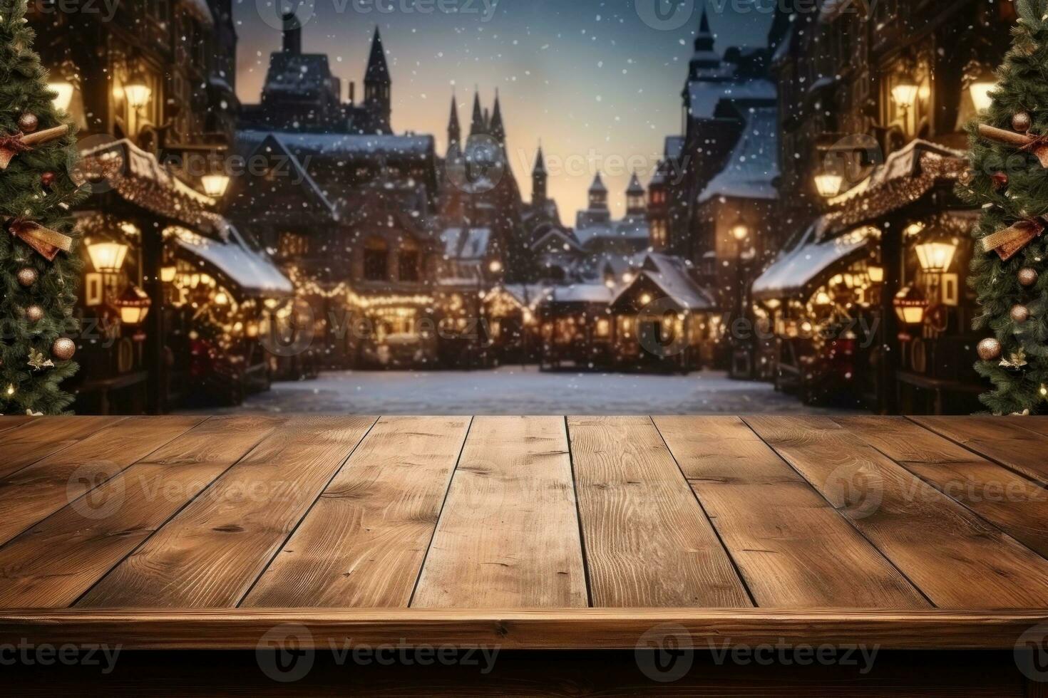 houten tafel, leeg ruimte met verlichte Kerstmis stad- plein in wijnoogst stijl. generatief ai foto