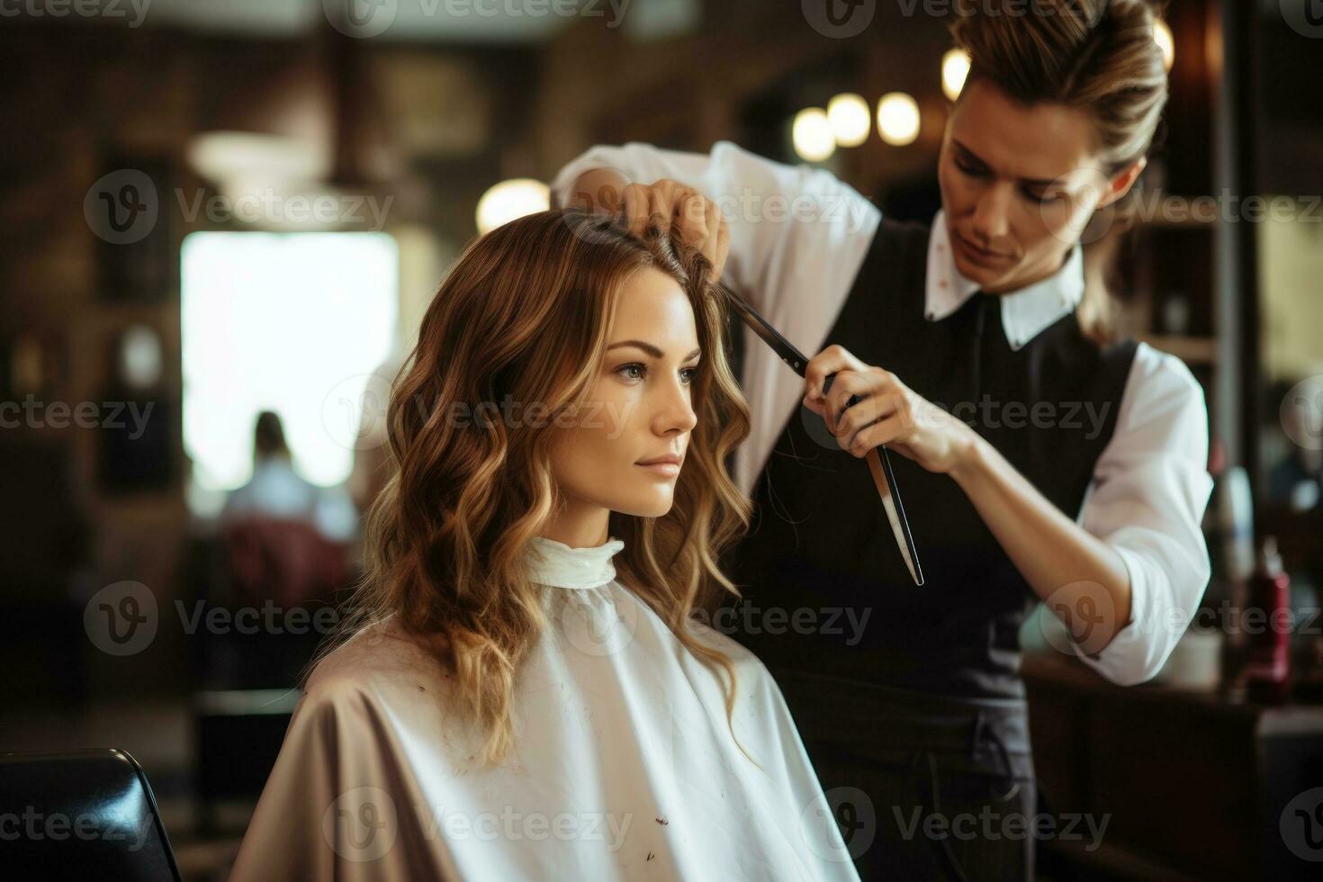 mooi kapsel van vrouw na verven haar- en maken highlights in haar- salon. generatief ai foto