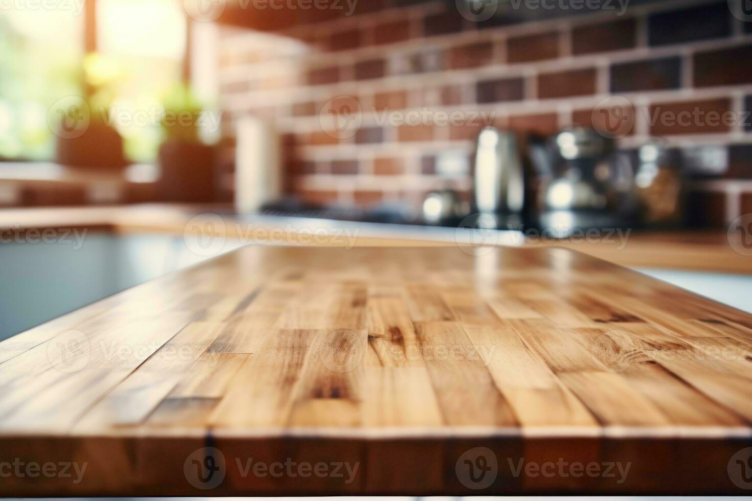 leeg houten tafel en wazig keuken achtergrond. generatief ai foto