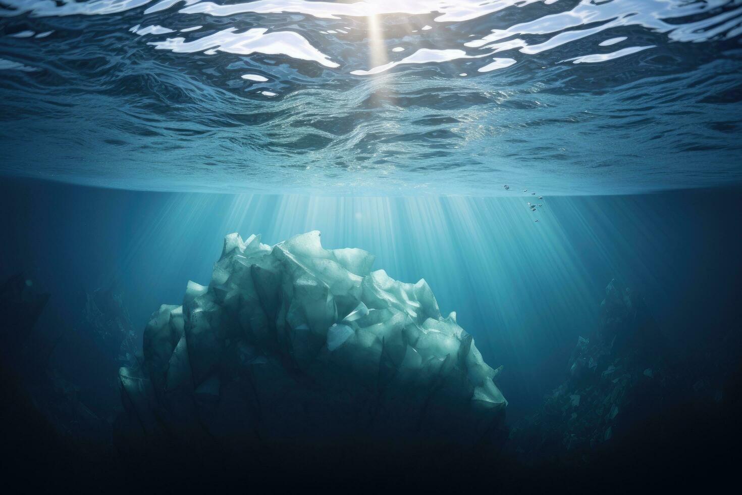 onderwater- landschap met ijs en zonnestralen. 3d weergave, ijsberg met bovenstaand en onderwater- visie, ai gegenereerd foto