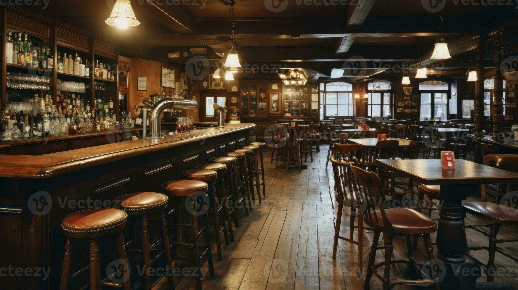 knus hoeken - binnen visie van typisch Iers taverne met houten interieurs. generatief ai foto