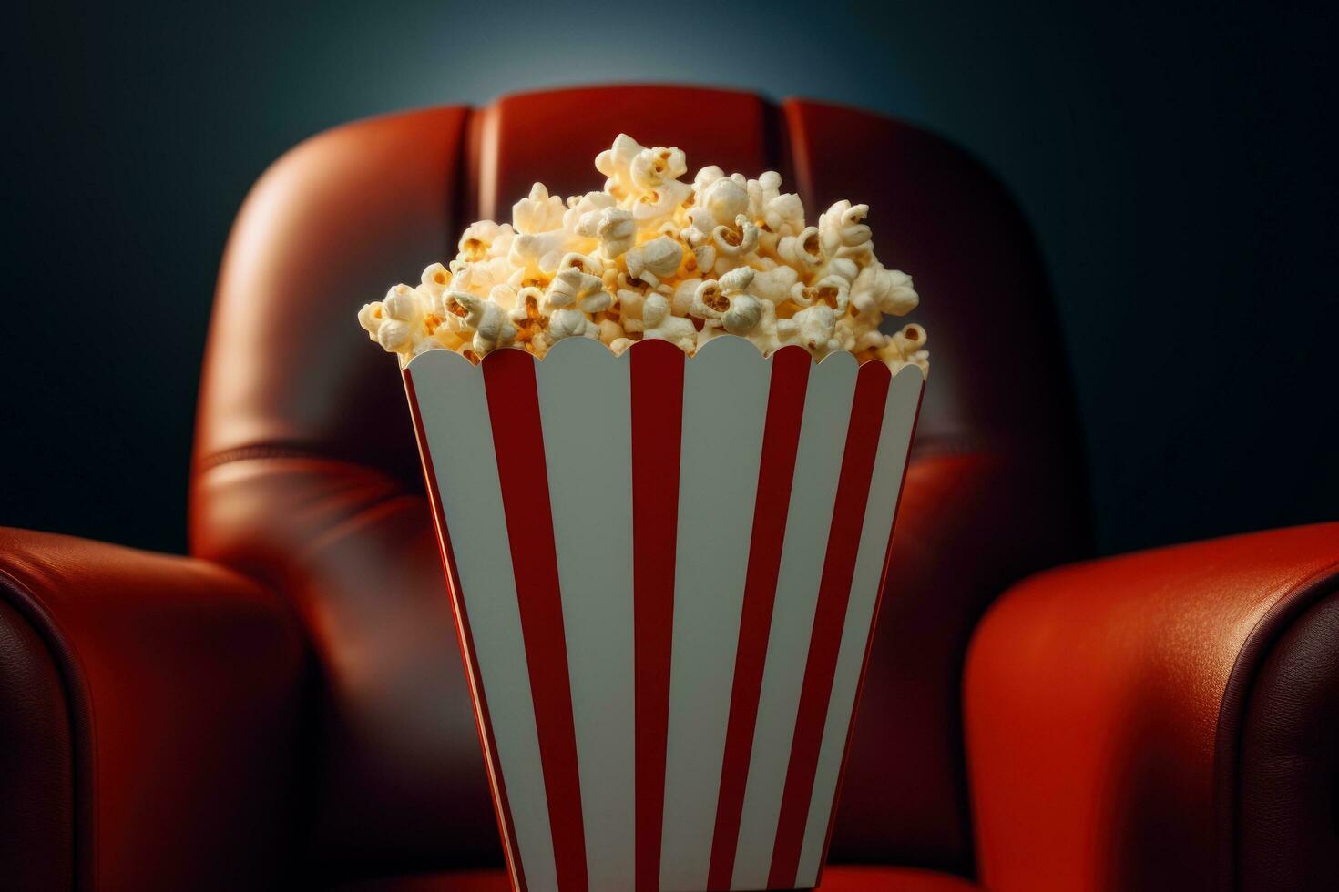 gestreept rood doos met popcorn Aan een onderscheiden rood achtergrond met kopiëren ruimte, bioscoop en films achtergrond, ai generatief foto