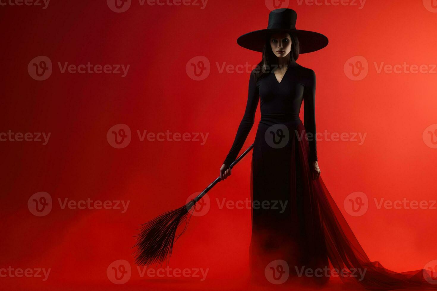 een mysterieus heks gekleed in een Vloerlengte zwart jurk met zwart hoed en bezem, ze straalt uit een aura van macht en duisternis. rood mistig achtergrond verbetert de dramatisch effect. generatief ai foto
