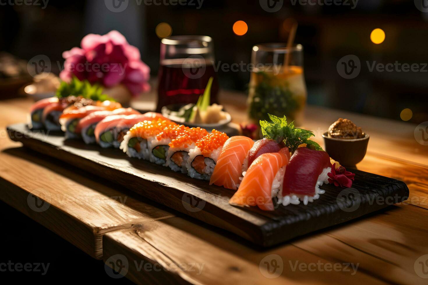 Japans voedsel - sushi in houten schotel in traditioneel sushi bar ai generatief foto