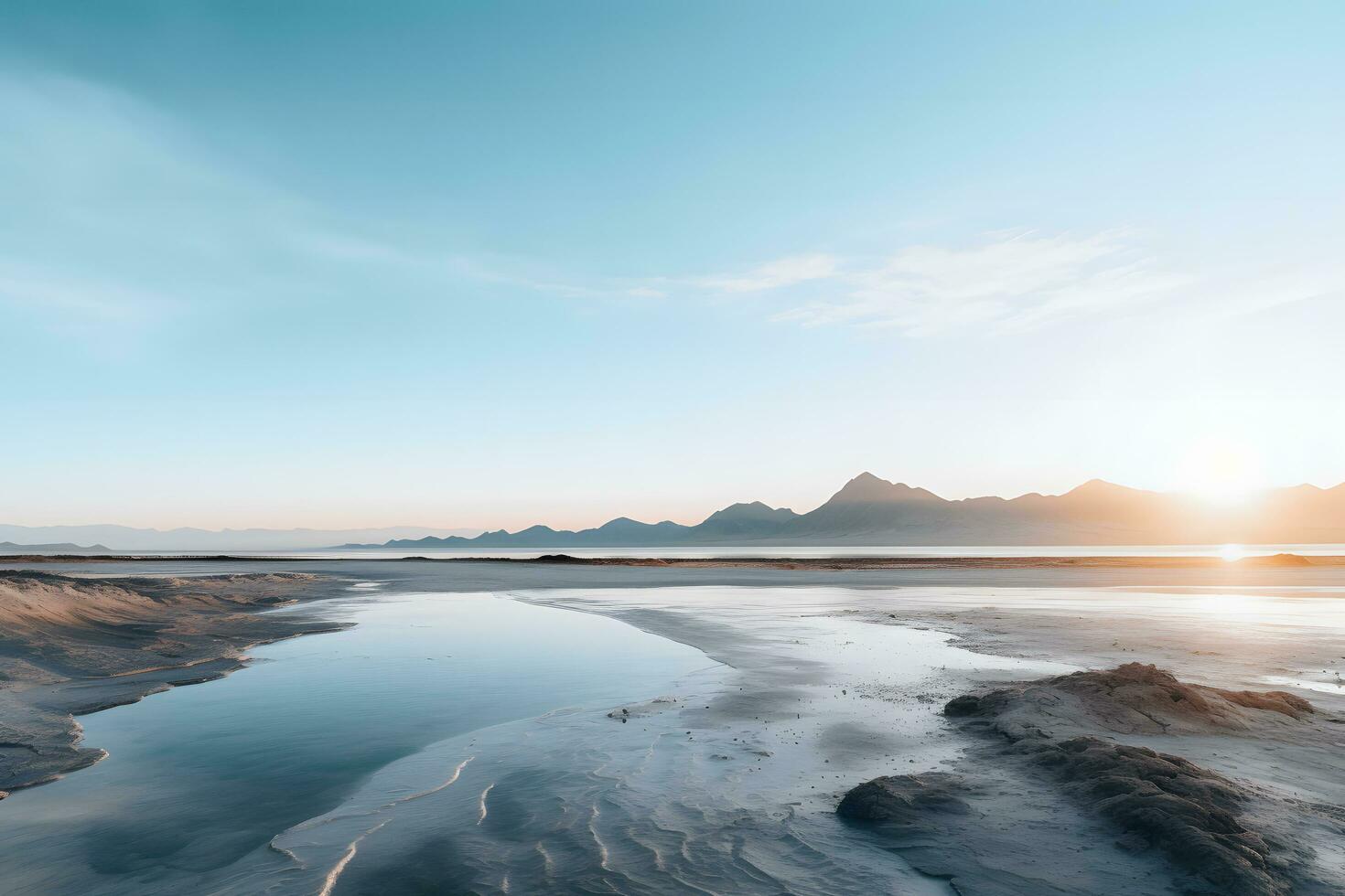 mooi meer visie tegen de backdrop van zand bergen - Super goed zout meer in Utah in vroeg ochtend- ai generatief foto