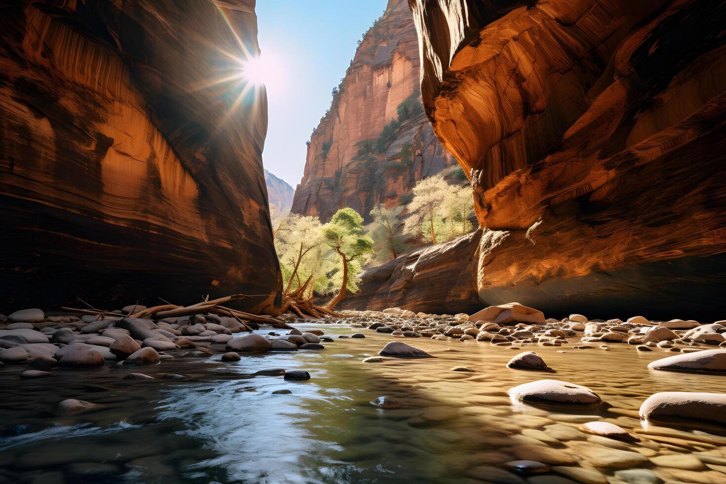 rivier- tussen rots kliffen - Zion nationaal park in Utah in gevlekt zonlicht ai generatief foto