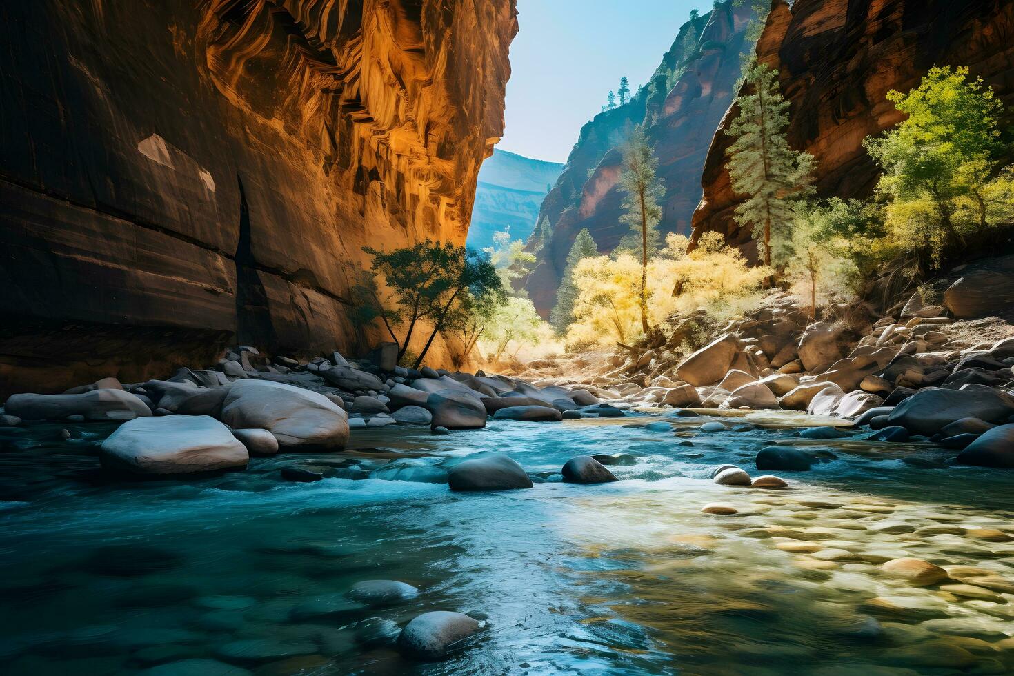 rivier- tussen rots kliffen - Zion nationaal park in Utah in gevlekt zonlicht ai generatief foto