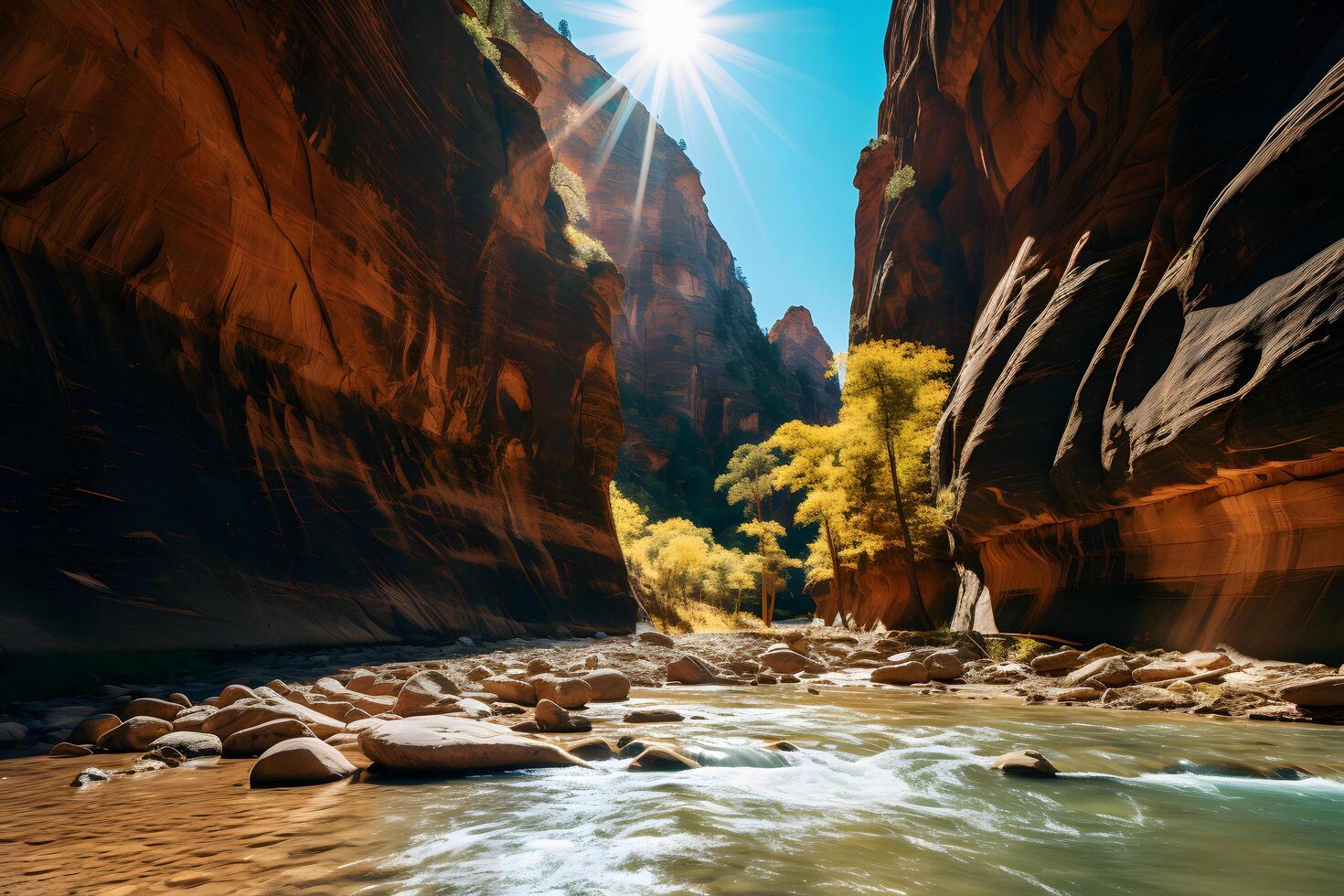 rivier- tussen rots kliffen - Zion nationaal park in Utah in gevlekt zonlicht ai generatief foto