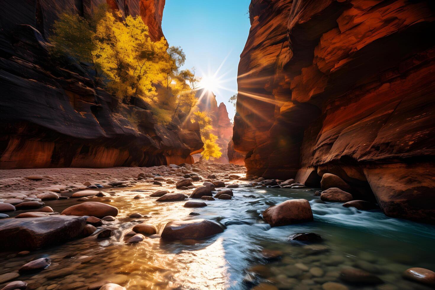 rivier- tussen rots kliffen - Zion nationaal park in Utah in gevlekt zonlicht ai generatief foto